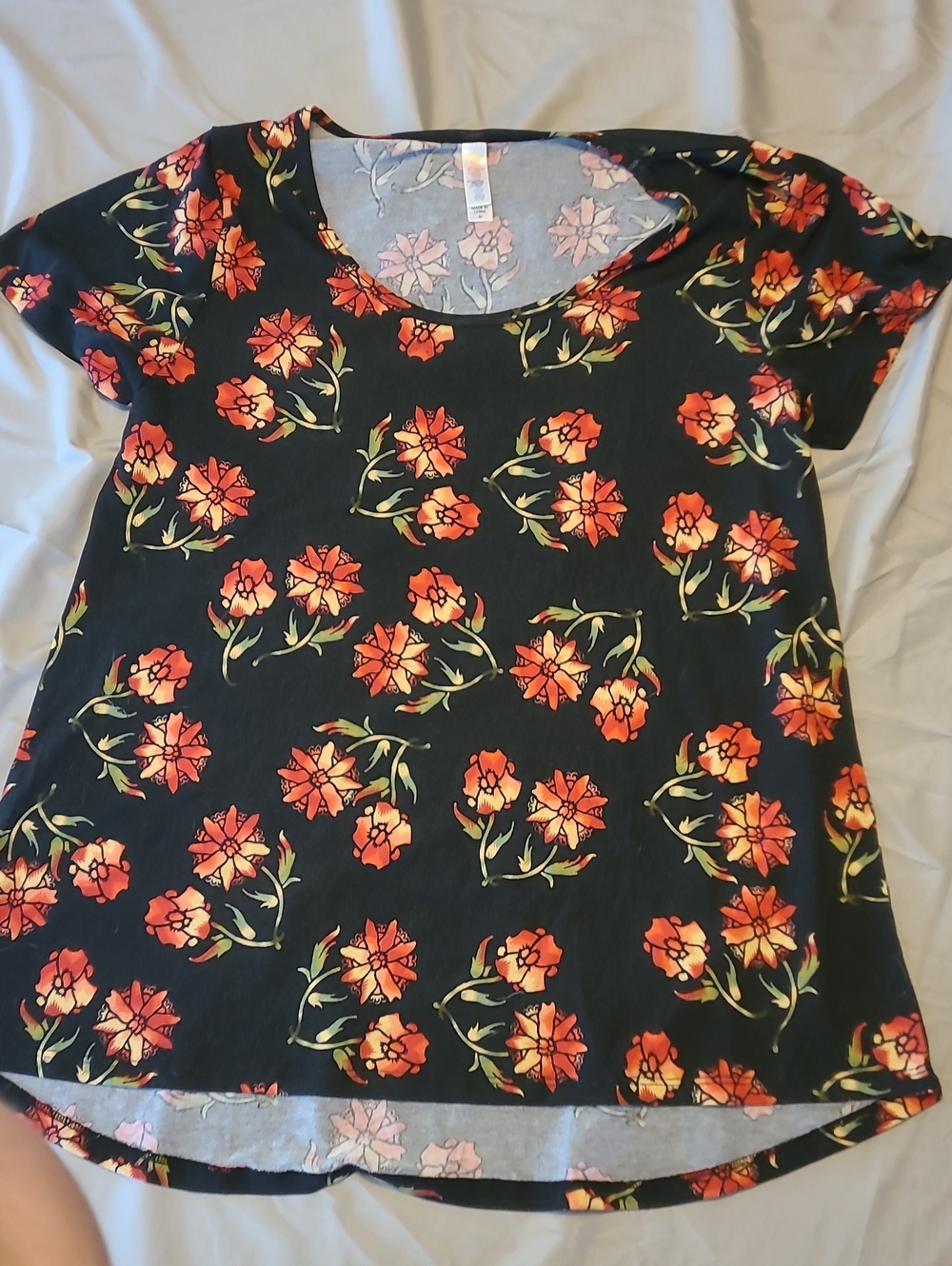 LuLaRoe Black Short-Sleeve Scoop Neck Top with Orange Floral Print